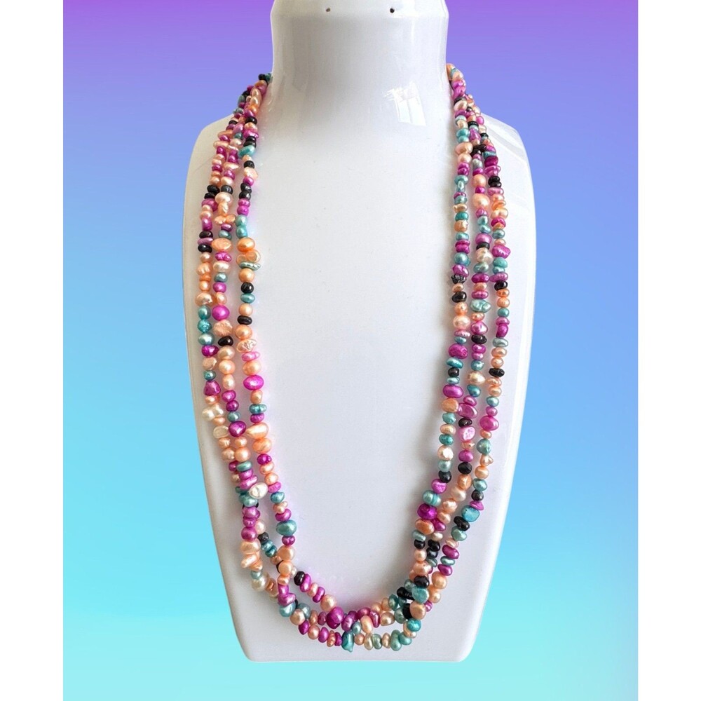 Natural Bright Fresh Water Pearl Three Strand Necklace #7097 - Picture 5 of 6